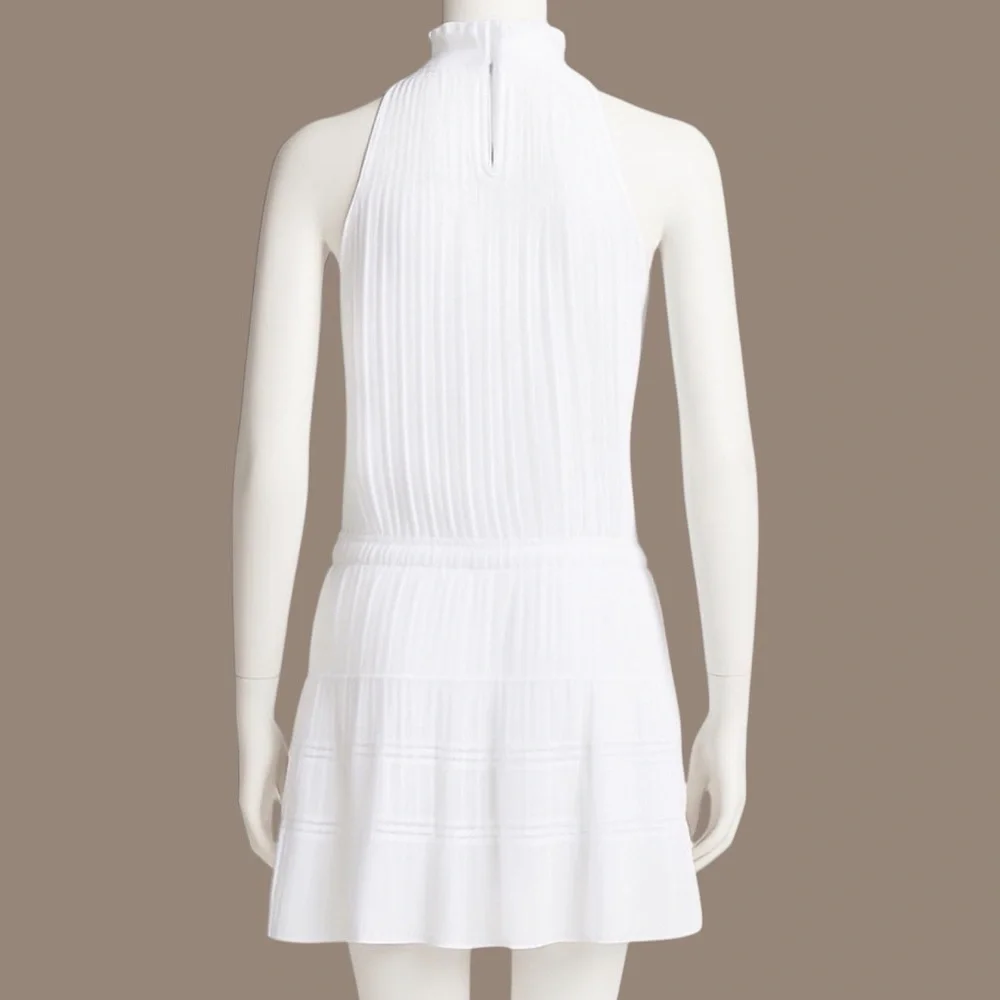 Ramy Brook White Pleated Mock Neck Tiered Mini Dress NWT Size L - Picture 2 of 3